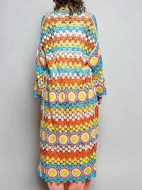 NWT POL Bohemian Orange Turquoise Crochet Long Duster Cardigan Sweater One Size
